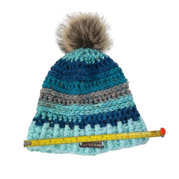 Air Force Mom Pom Beanie Adult Blue Gray Crochet Chunky Knit Warm Winter Cap - Picture 9 of 10